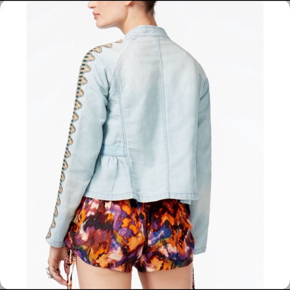 SOLD Free People Embroidered Sleeve Linen Blend Denim Jacket - Picture 8 of 10